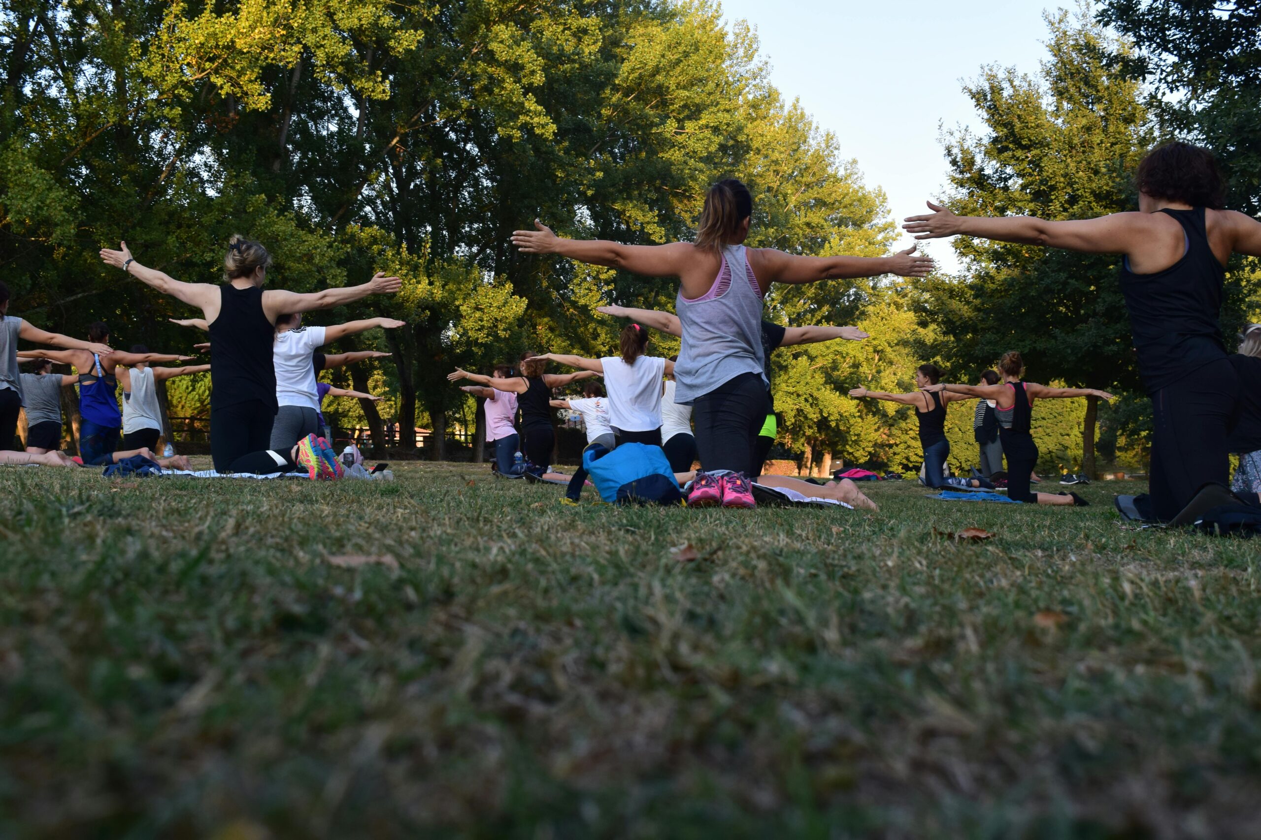 Women performing yoga on green grass near trees